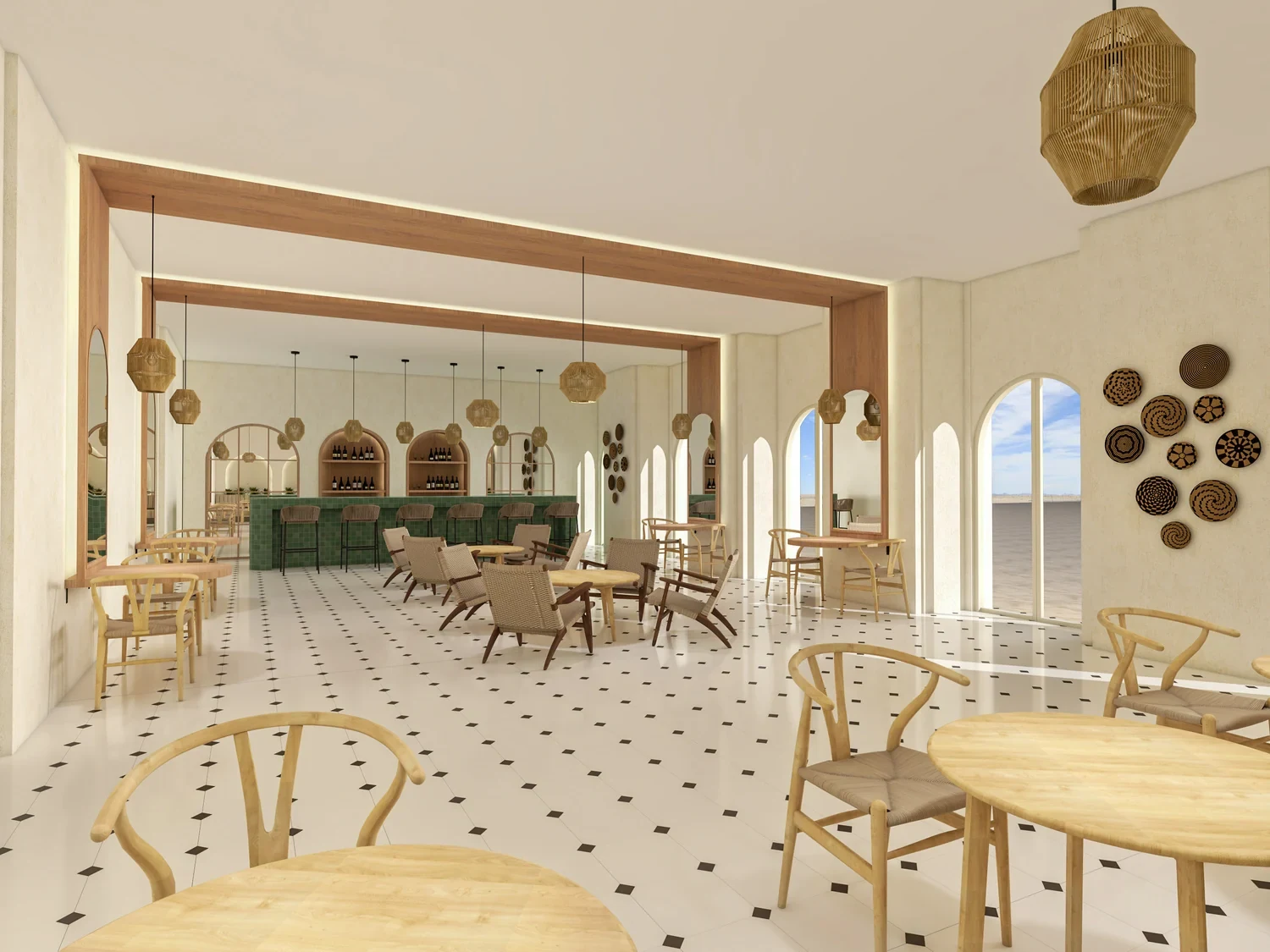 Bar seating and arched mirrors · Design visualization
