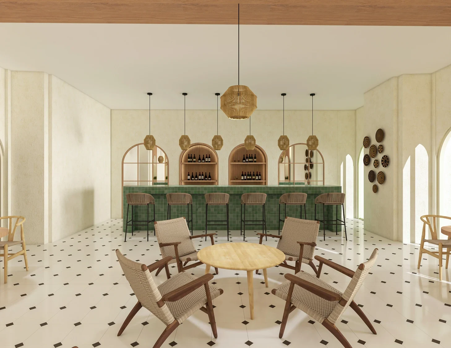 Bar counter and seating detail · Design visualization