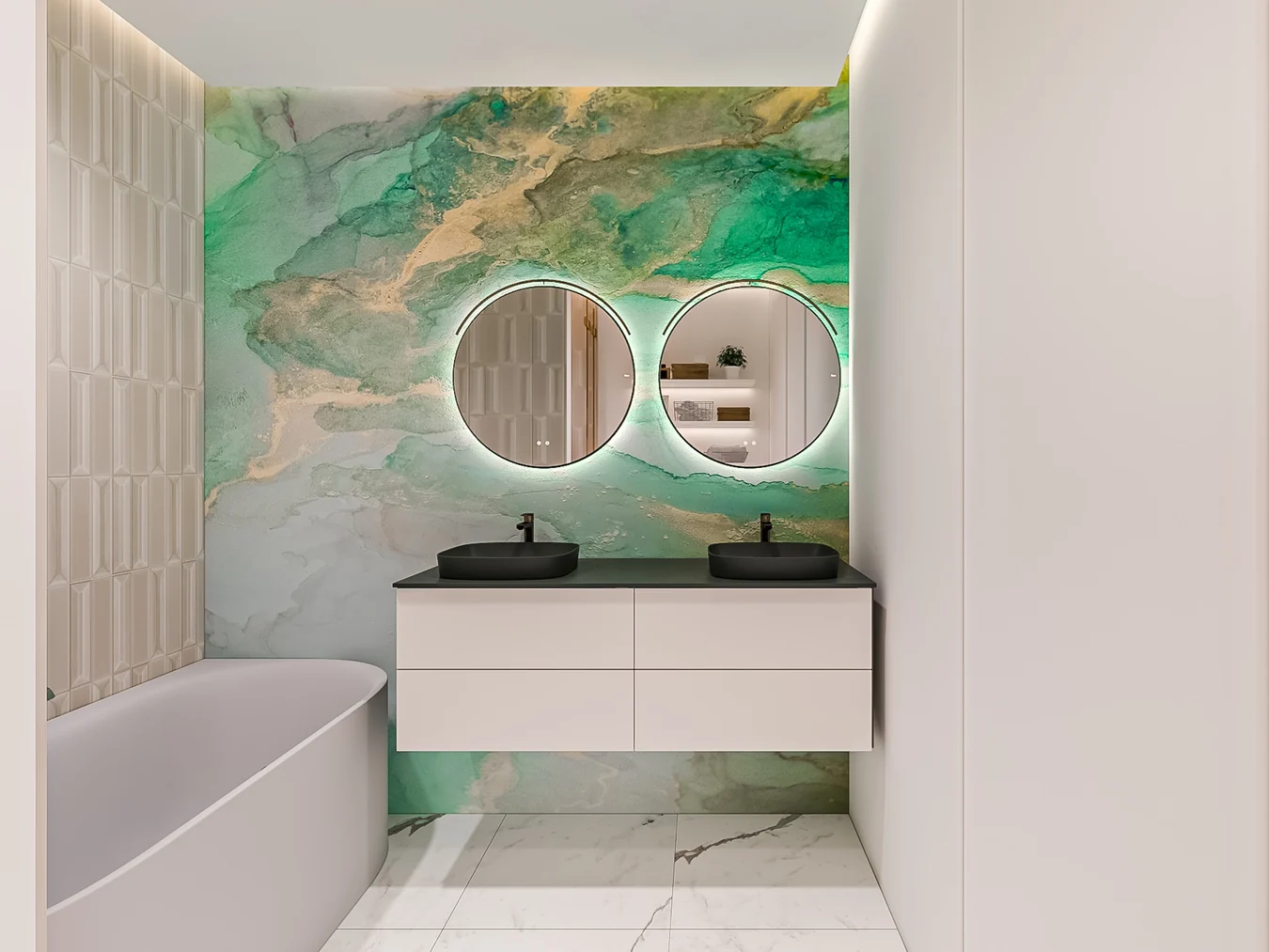 Ensuite and green marble wall · Design visualization