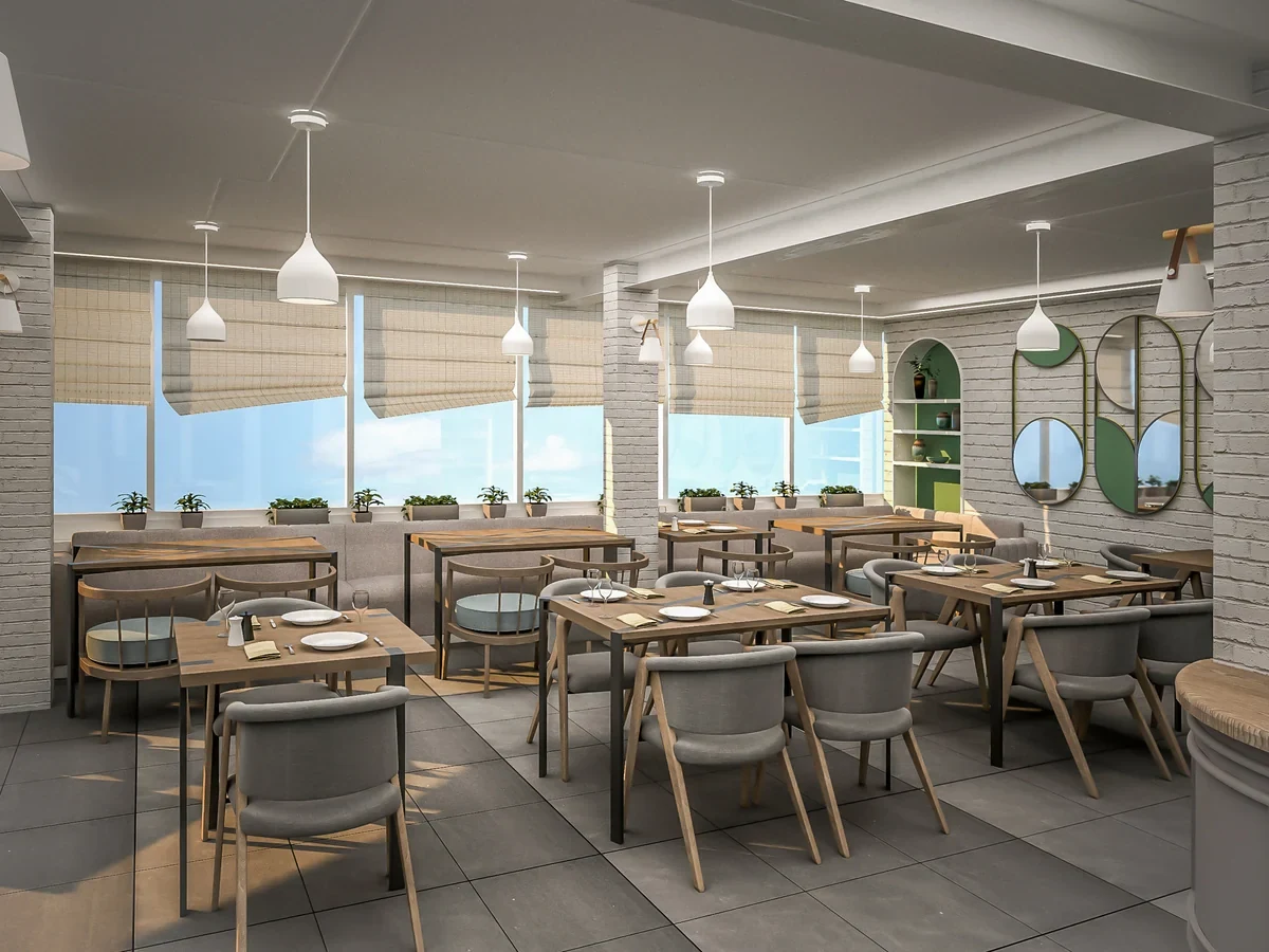 Window-side dining design visualization · Design visualization