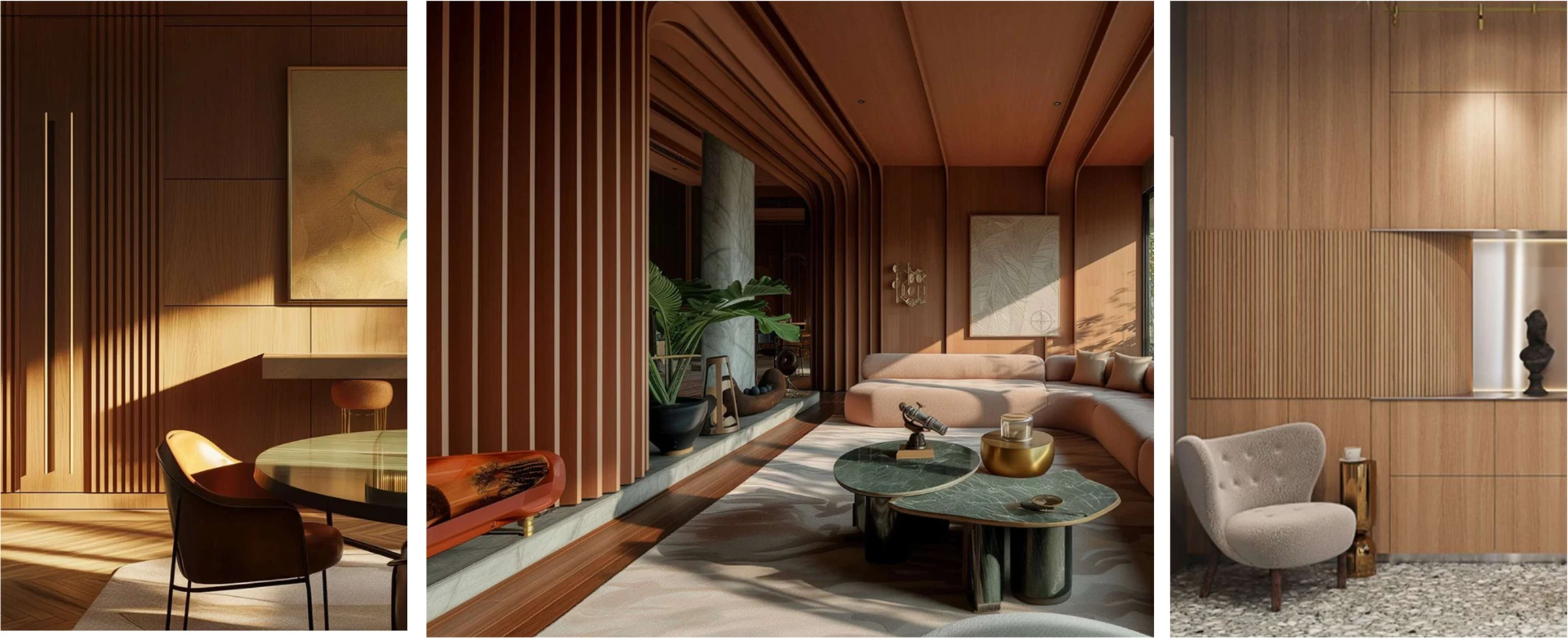 Warm timber, curved forms and layered seating — concept references
